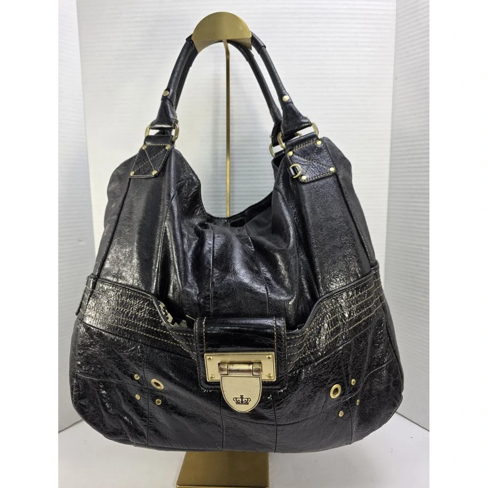 Vintage Y2K Juicy Couture Large Leather Shoulder‎ Bag Tote In Black
